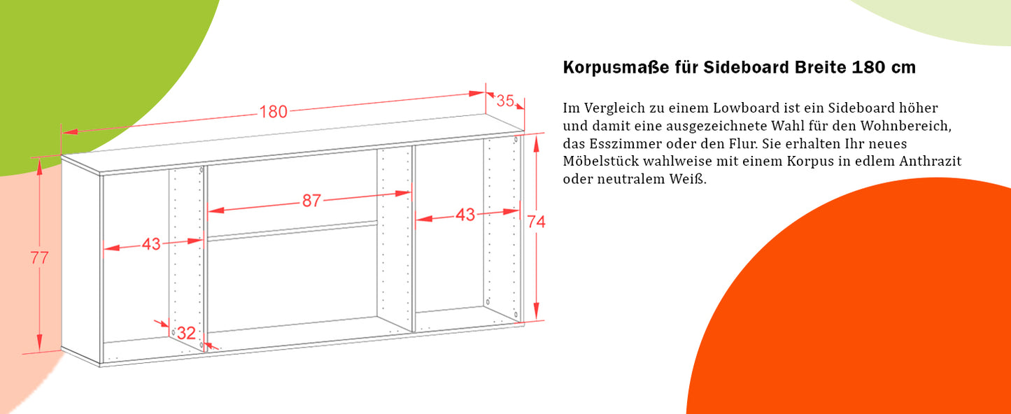 Farina Sideboard - Body White Matt - Front Concrete Look (180 x 79 x 35 cm) Push-to-Open Technology