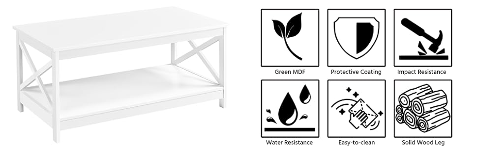 Coffee Table with 2 Shelves Sofa Table X-Shape Support Living Room Table Made of Wood Easy Assembly Modern Side Table for Living Room / Balcony / Office 100 x 50 x 45 cm White