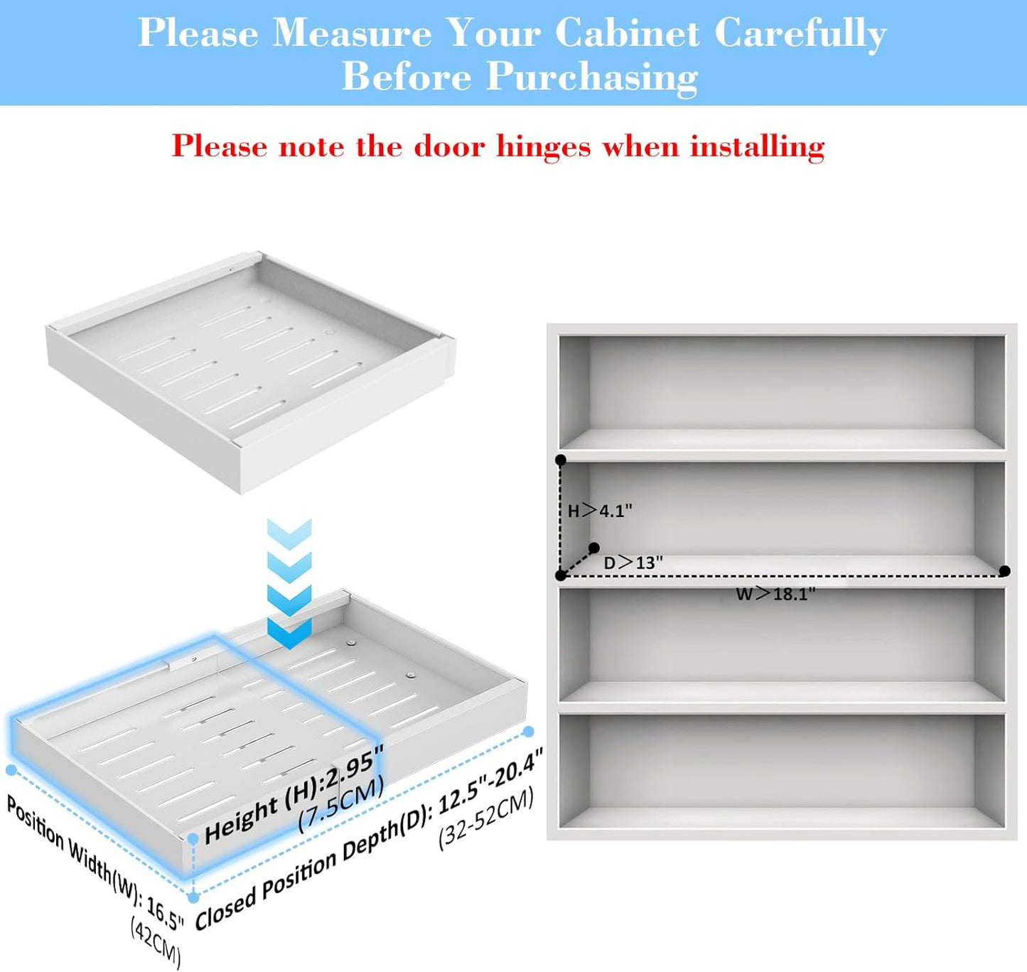 Expandable Pull Out Cabinet Organizer | Three Noiseless Damping Rails | Simply Peel-and-Stick Installation | Pull Out Drawers for All Cabinets, Adjustable Width 12.4"-20.47 White