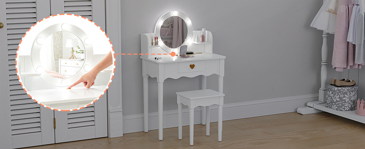 UTEX Kids Vanity, Girls Vanity Set with Mirror and Stool and Lights, Pretend Play Kids Vanity Table and Chair Set,Wooden Princess Makeup Desk Dressing Table, White