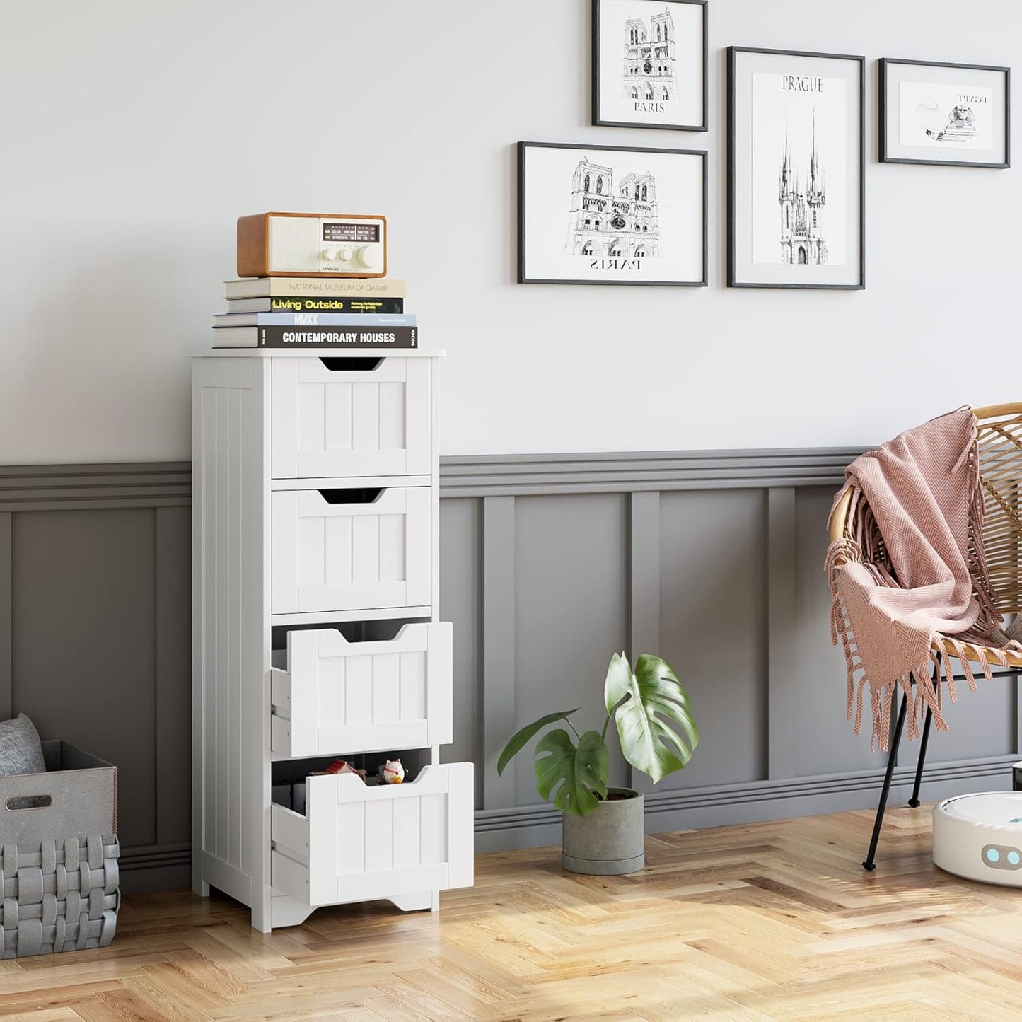 FOTOSOK Bathroom Storage Cabinet, Side Cabinet with 4 Drawers, 11.8” x 11.8” x 32.5” Freestanding Bathroom Cabinet Entryway Cupboard Storage Organizer Unit Home Furniture Decor, White