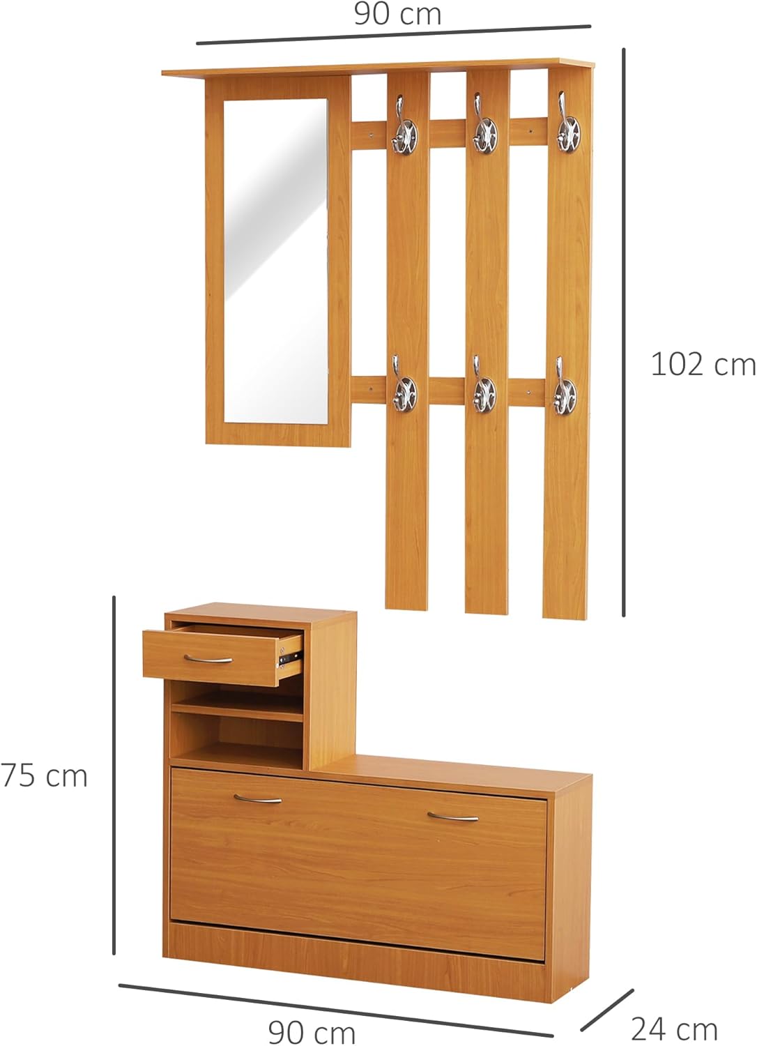 Hallway with Mirror, Wardrobe and Shoe Rack, 2-Piece Hallway with 6 Hooks, 6 Shelves and Folding Drawer for Hallway, Wood, Brown