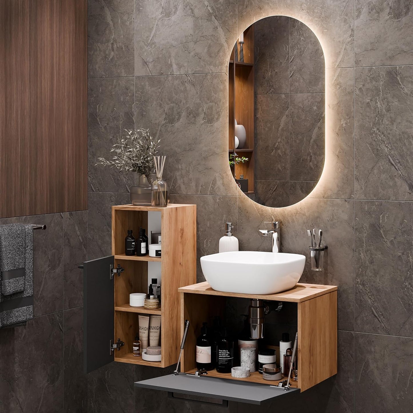 Planetmöbel Astra Bathroom Furniture Set with Wash Basin 60 cm with 1 x Midi Cabinet Gold Oak Anthracite, without Countertop Sink, Mirror (with LED) 50 cm