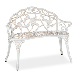 Garden Bench, 2 Seater, Roses, Patio, Balcony, Aluminium & Cast Iron, Antique Bench, 78 x 98 x 57 cm, White/Bronze