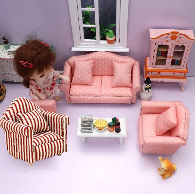 LATRAT Dollhouse Sofa, 1:12 Dollhouse Miniature Furniture Model Cloth Floral Pattern Couch Chair Sofa with Cushion, Accessories Floral Pattern Mini Furniture Sofa Set with Back Cushion, Striped