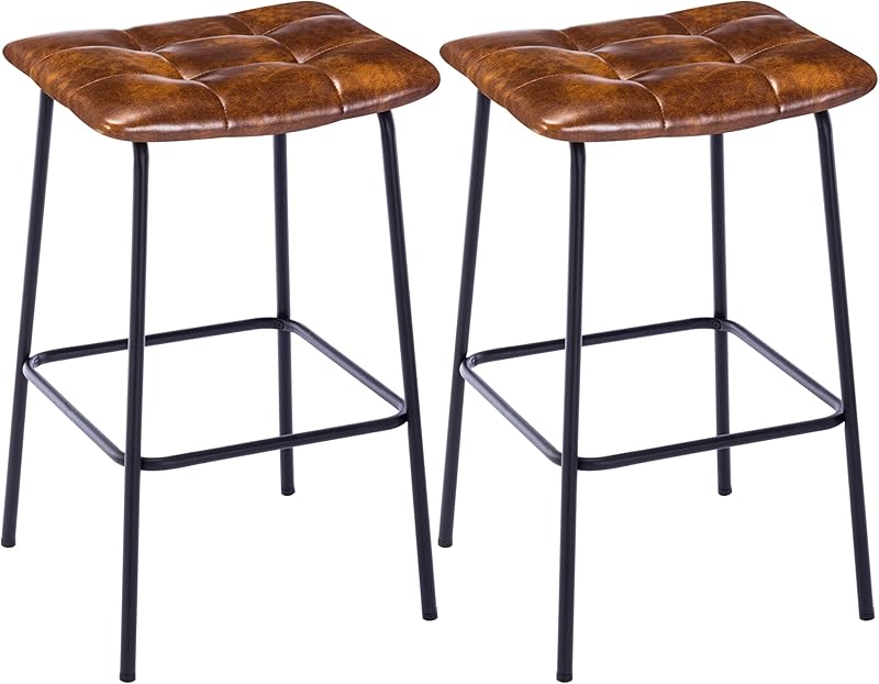 Set of 2 Bar Stools Faux Leather Padded Kitchen Stool with Footrest Seat Height 71 cm Yellow/Brown