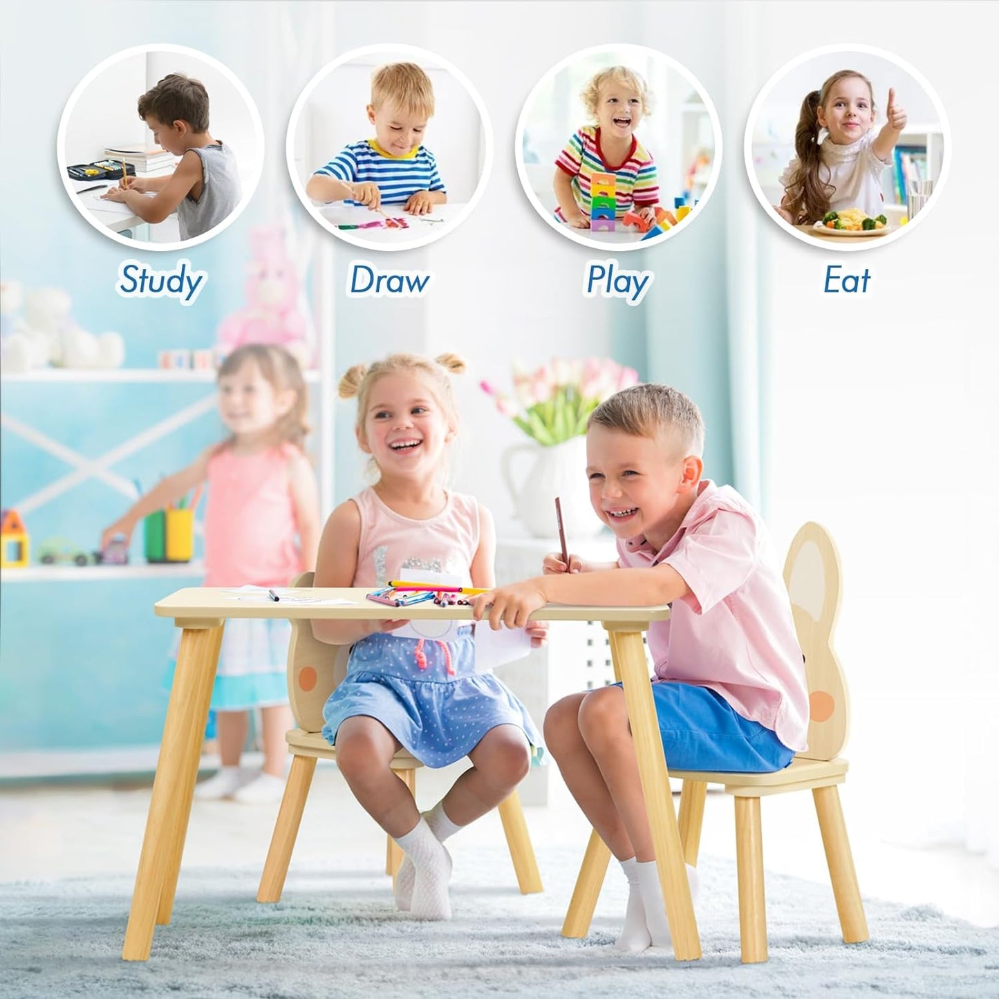 Kids Wood Table and Chair Set - Including 2 Animal Chairs - Waterproof Desktop - Adorable Toddler Table Chairs Set for Eating, Snack Time and Play Games