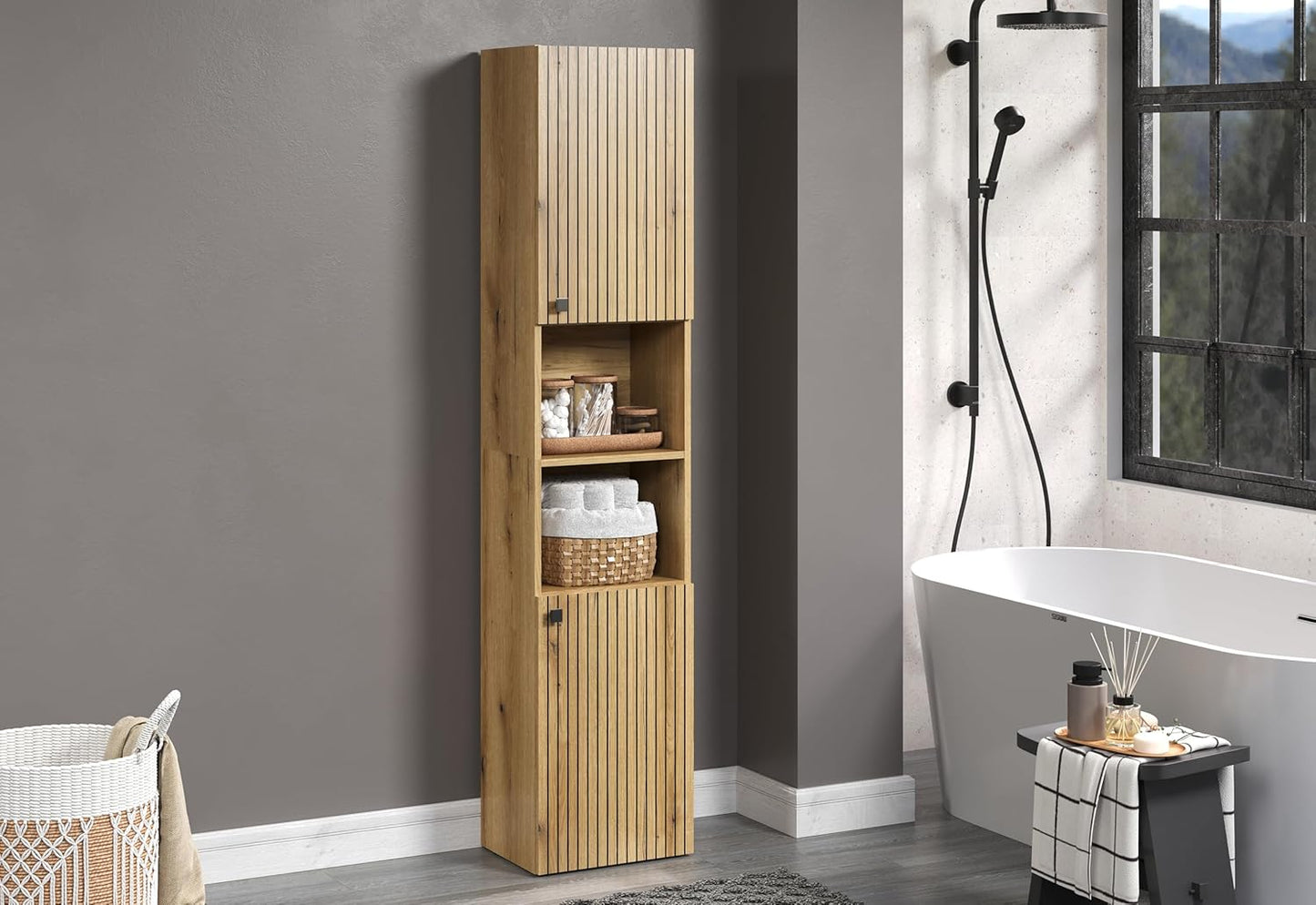 trendteam smart living - PureBliss 233710142 Tall Cupboard - Bathroom - Dimensions (W x H x D) 40 x 186 x 31 cm - Colour Evoke Oak with Black Grooves