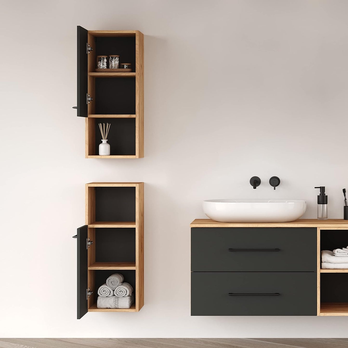 Bathroom Furniture Midi Cabinet Bathroom Cabinet Narrow Midi Cabinet Lux 30 cm in Gold Oak / Anthracite