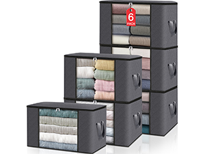 HomeHacks Storage 3-Pack Clothes Organizer Storage Bags Foldable Storage Box with Large Clear Window Sturdy Handles for Closet, Dorm, Pillows, Bedding, Clothes, Blankets, 35L, Gray