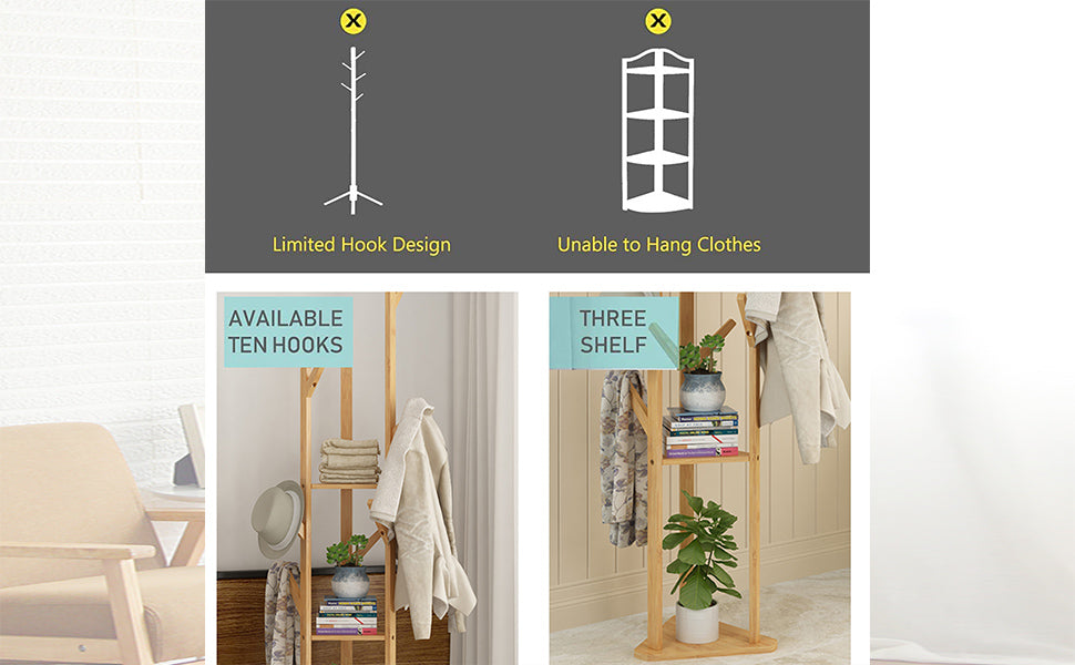 Coat Rack Clothes Rack Freestanding Coat Rack 8 Hooks with 2 Shelves for Clothes Hat Bags (Wood Color)