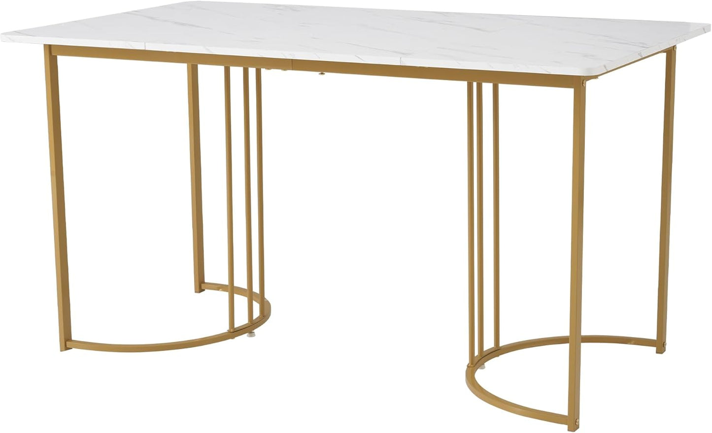 Dining Table 140 x 80 cm, Modern Kitchen Table with Metal Frame, Rectangular Marble Pattern Kitchen Table with Adjustable Feet for Dining Room and Living Room, White/Gold