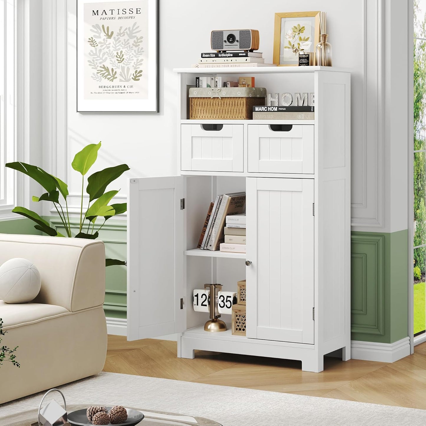 White Storage Cabinet with Drawers and Shelves, Bathroom Cabinet with Doors, Floor Storage Cabinet Hutch Cupboard for Dining/Living Room/Home Office