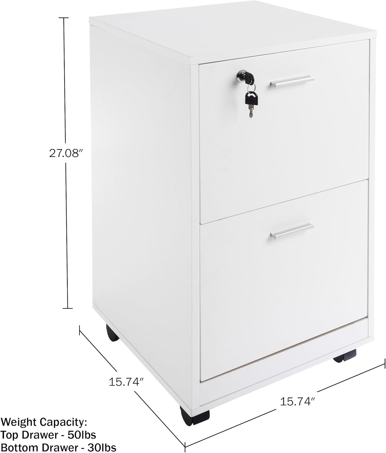 Lavish Home File Cabinet - 2-Drawer Cabinet with Lock and Deep Drawer Storage - Rolling Filing Cabinet for Under The Desk, Home, or Office (White)