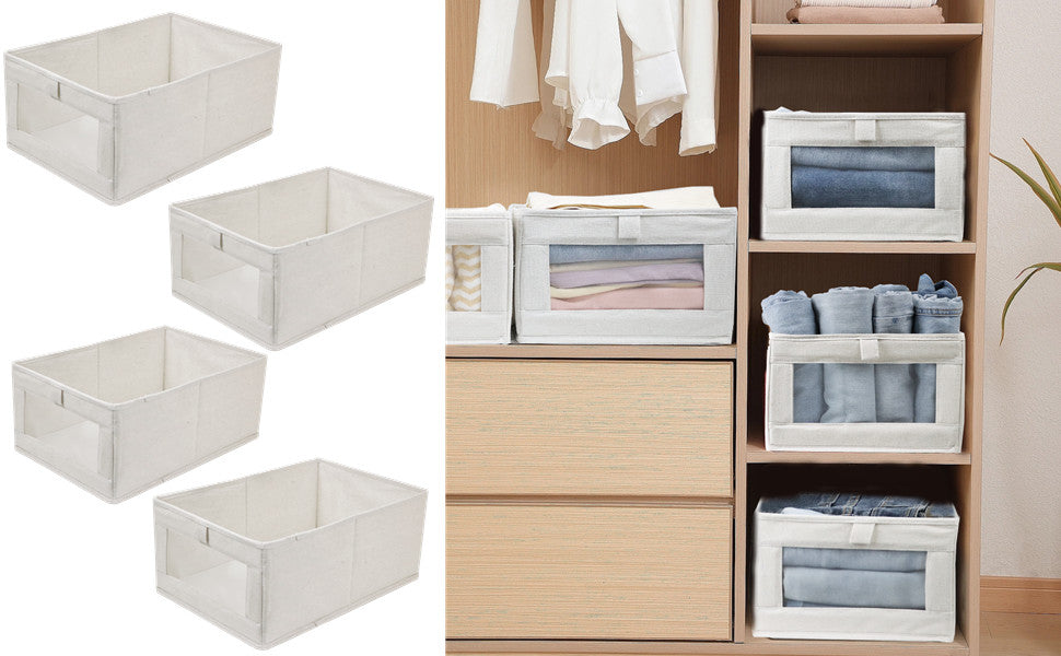 4 Pack Linen Storage Bins, Storage Containers for Organizing Clothing, Jeans, Toys, Books, Shelves, Closet, Wardrobe - Closet Organizers and Storage, Large Storage Boxes Baskets with Window