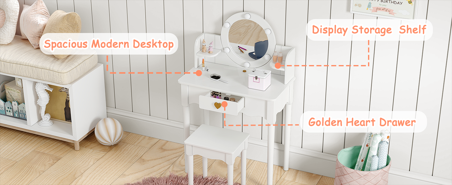 UTEX Kids Vanity, Girls Vanity Set with Mirror and Stool and Lights, Pretend Play Kids Vanity Table and Chair Set,Wooden Princess Makeup Desk Dressing Table, White