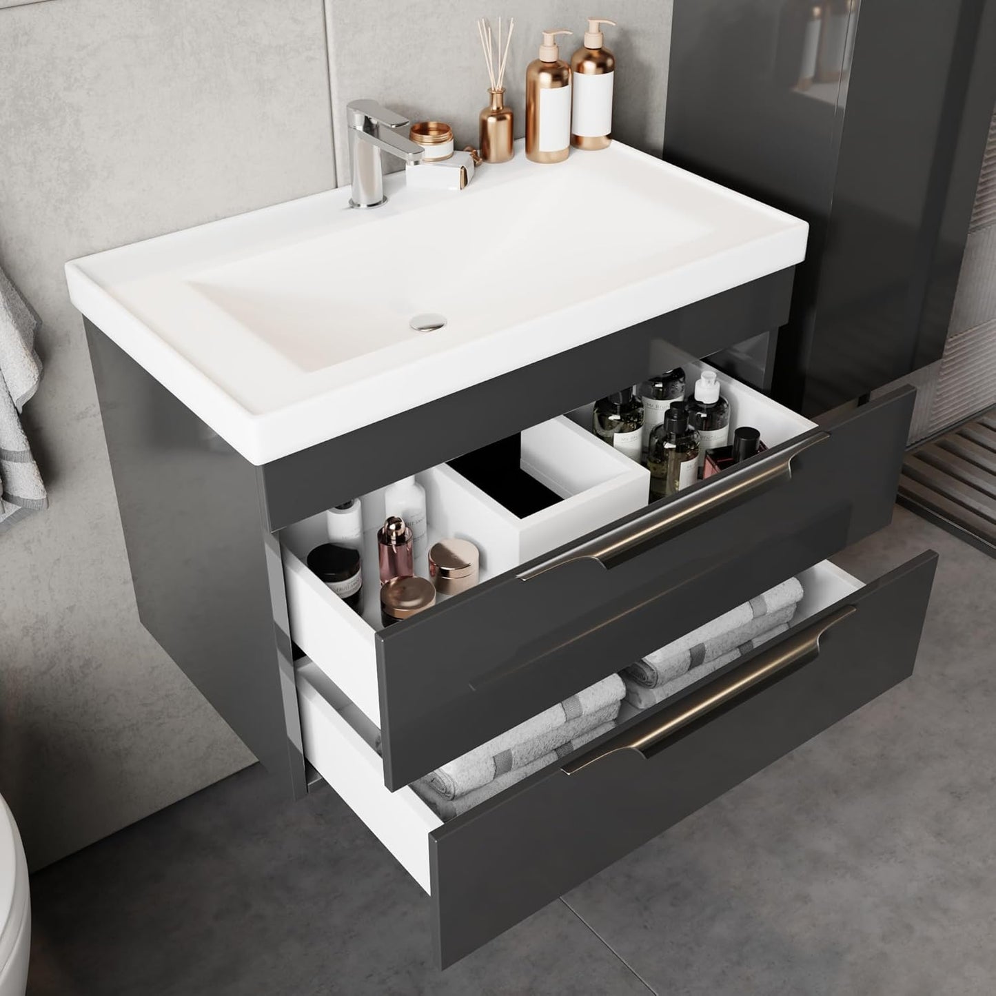 KAREN banyo Lotus 80 Bathroom Furniture Set, Anthracite, Ceramic Sink, Base Cabinet, Mirror Cabinet, Soft-Close Drawers & Doors & Handle Strips Made of Chrome, Modern Style, Bathroom Furniture