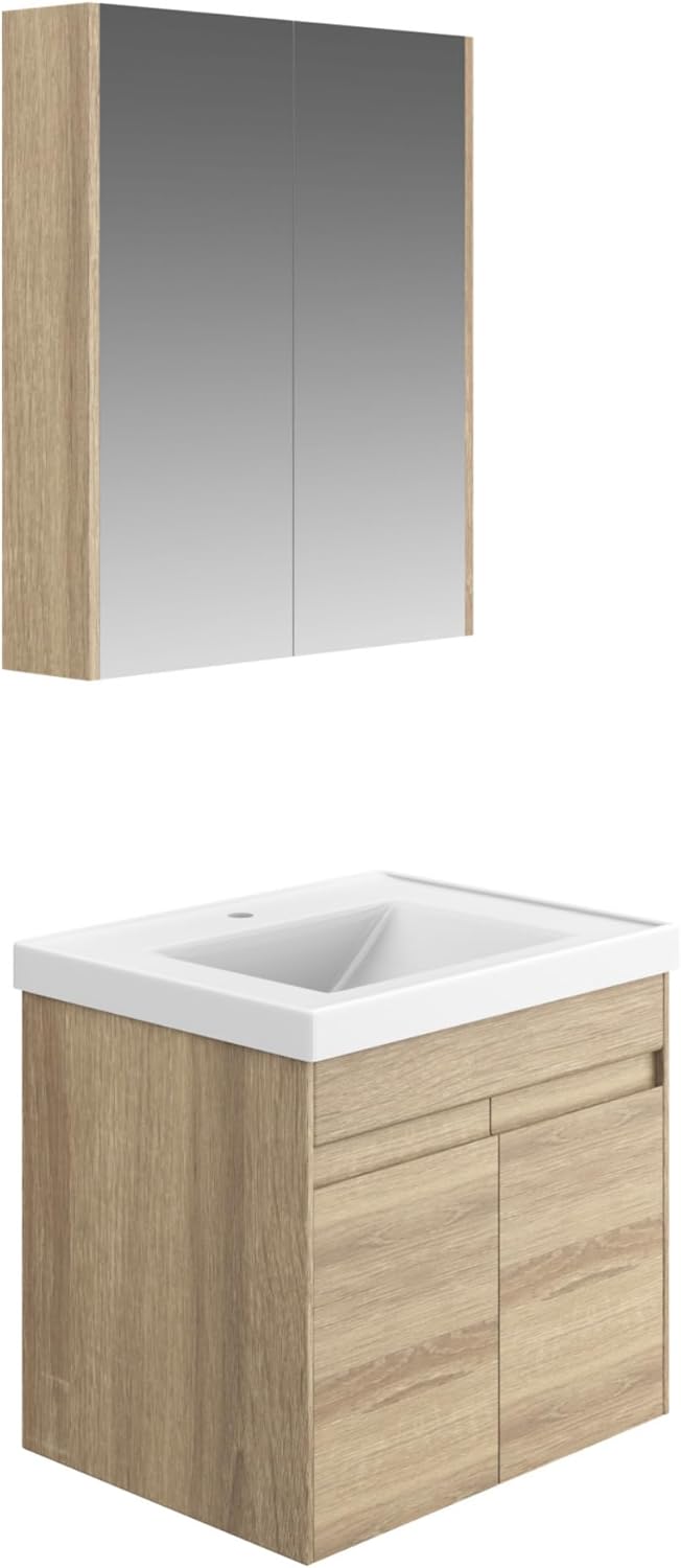 City Bathroom Furniture Set 3-Piece 60 cm | Wash Basin | Mirror Cabinet | Base Cabinet | Sonoma Oak | Soft Close Doors & Invisible Handles | Natural Style | Bathroom Furniture Washbasin