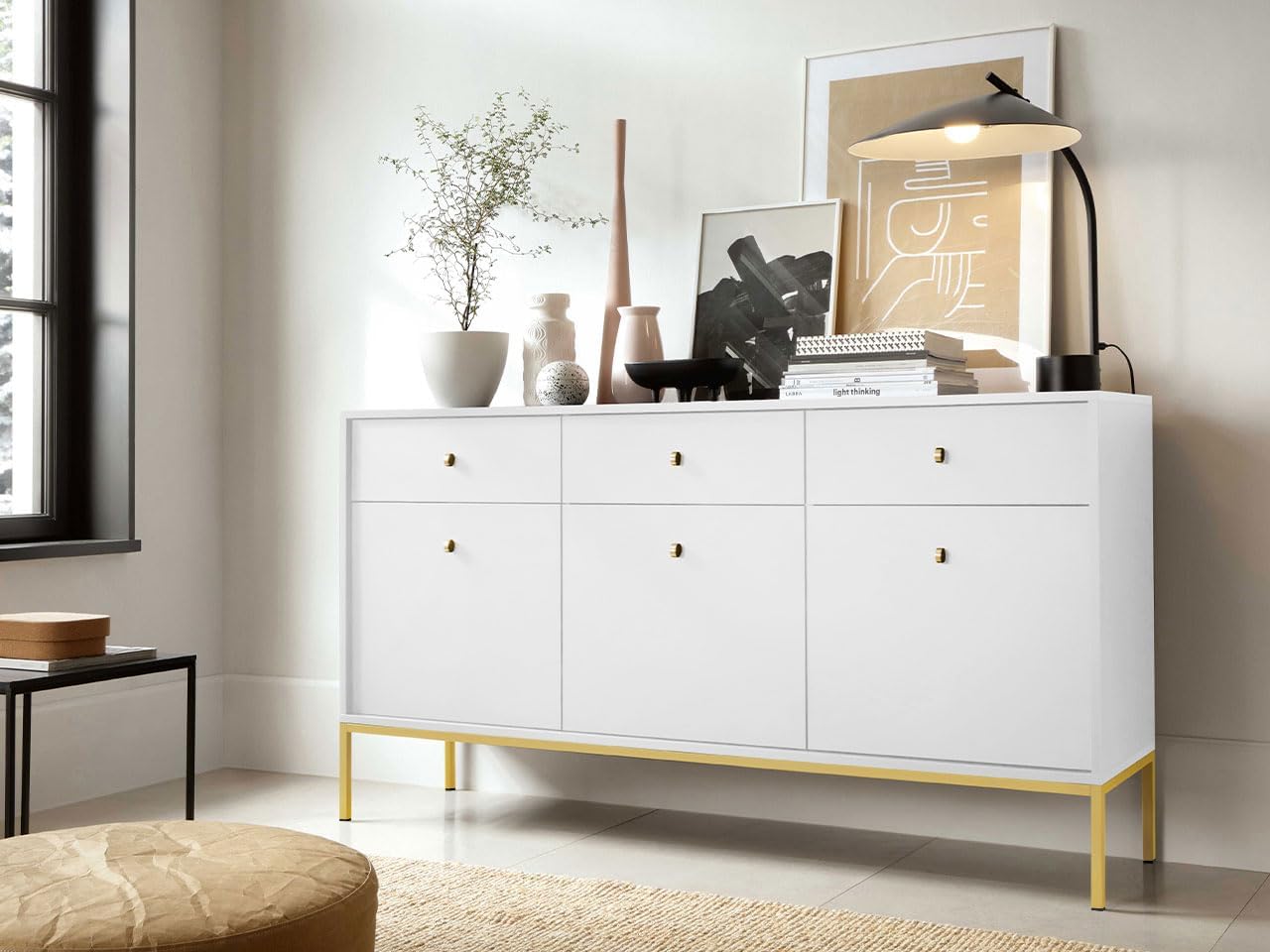 Leslin Gold LKSZ154 Chest of Drawers with 3 Drawers and 3 Doors, Sideboard W 154 x H 83 x D 39 cm Multi-Purpose Cabinet Hallway Chest of Drawers Highboard Sideboard Dining Room Chest of