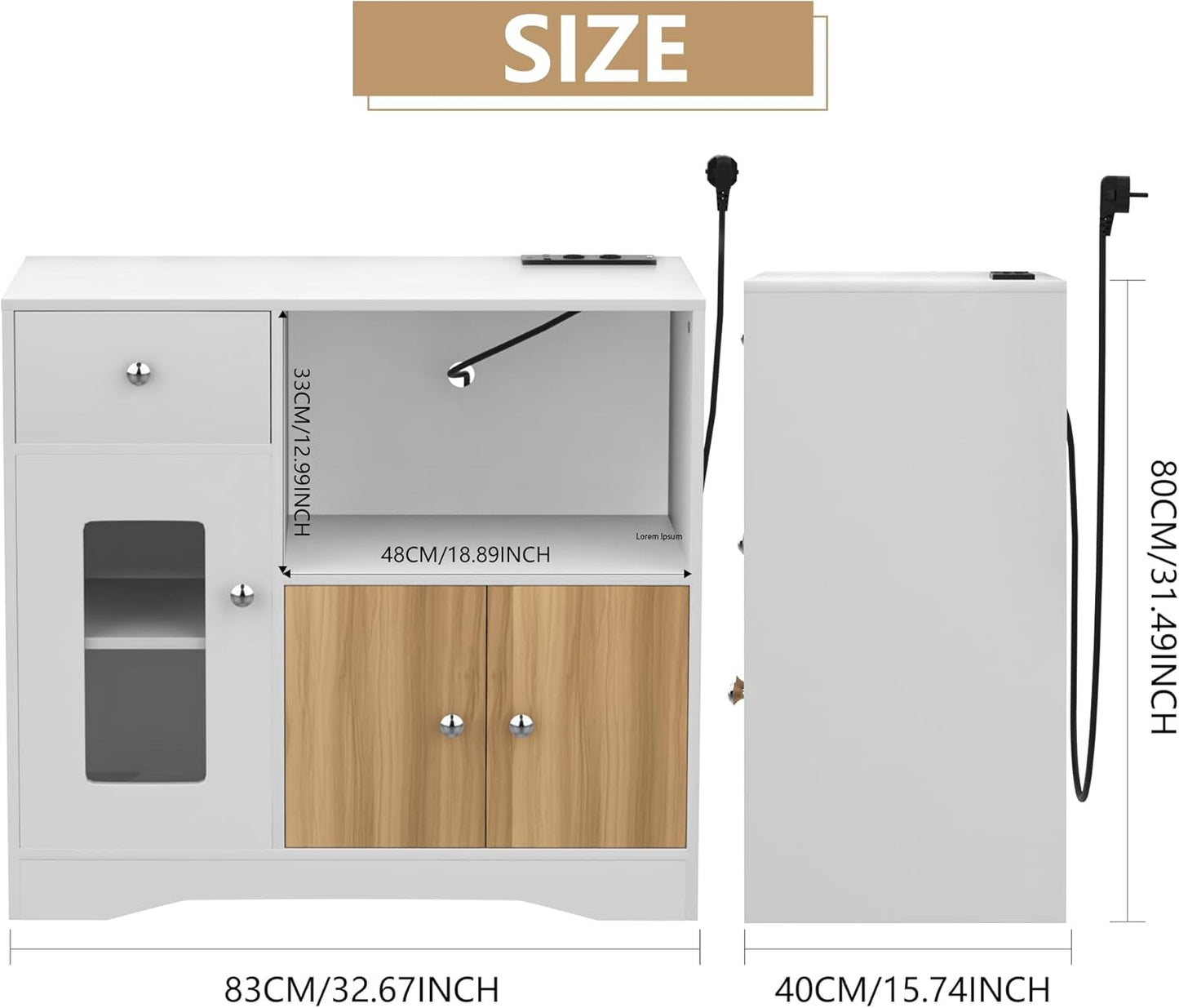 Sideboard Kitchen Cabinet with Socket, White Sideboard with 1 Drawer and 2 Cabinet Doors, Sideboard, Chest of Drawers and Sideboards for Entrance, Living Room, Bedroom, 83 x 40 x 80 cm,