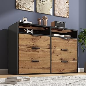 Cabinet Chest of Drawers Sideboard, Drawer Cabinet Lowboard with 6 Drawers Storage Space and Open Compartments for Bedroom, Furniture for Living Room, Children's Room, Kitchen, Hallway, 120 x