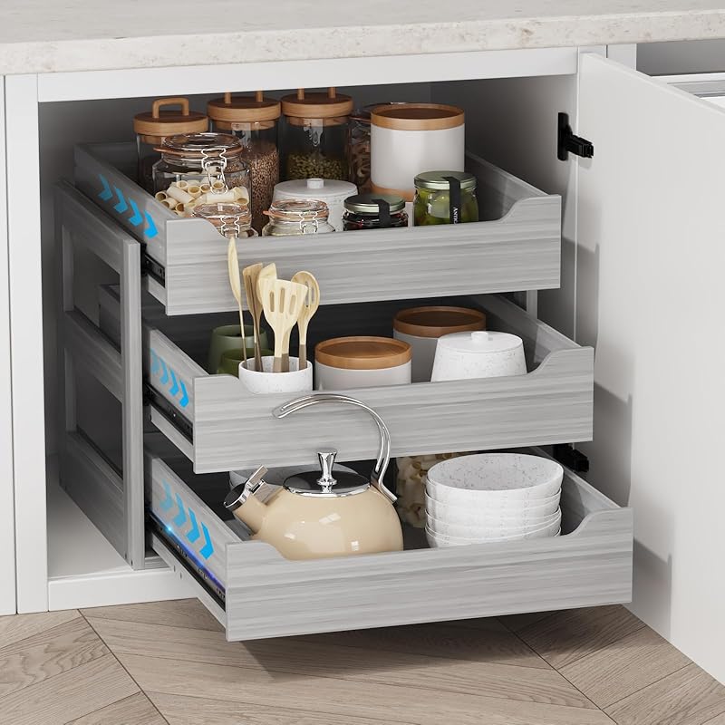 Adjustable Height Wood Pull Out Organizer 7.5” W × 21.5” D Smooth Pull Out Drawers for Cabinets 3 Tier Slide Out Drawers for Kitchen Cabinets Under Sink Wood