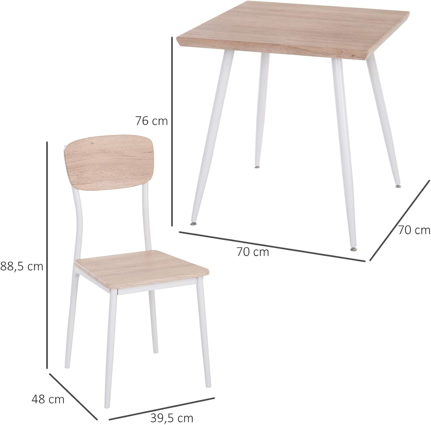 3-piece dining set: MDF wood table with metal; natural wood grain; white; 1 Table and 2 chairs.