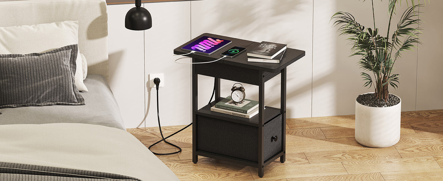 Side Table with Charging Station, Bedside Table with Charging Function, Small Bedside Table with 2 Sockets and 2 USB Ports, Modern Wood, Coffee Table, Coffee Table for Living Room, Bedroom