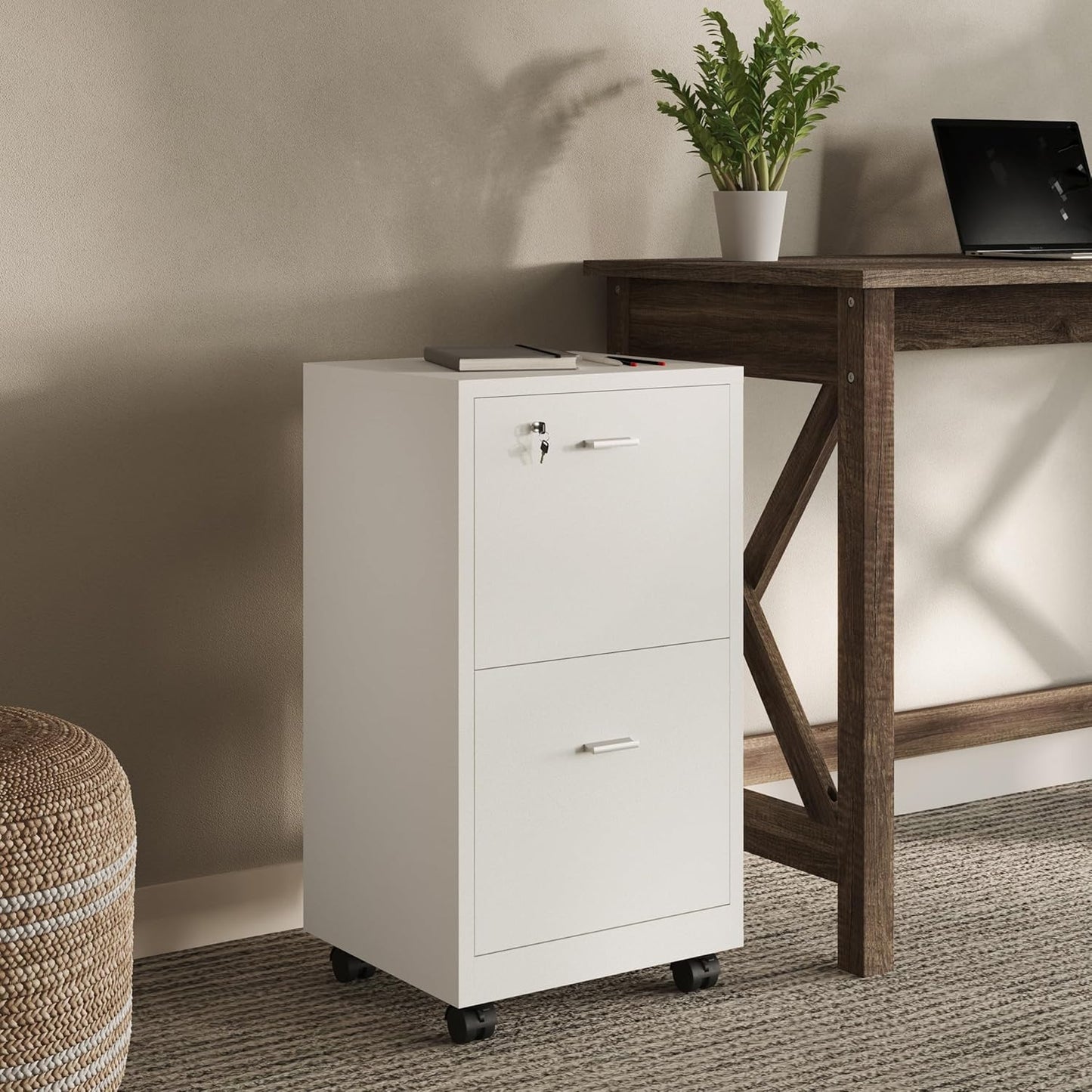 Lavish Home File Cabinet - 2-Drawer Cabinet with Lock and Deep Drawer Storage - Rolling Filing Cabinet for Under The Desk, Home, or Office (White)