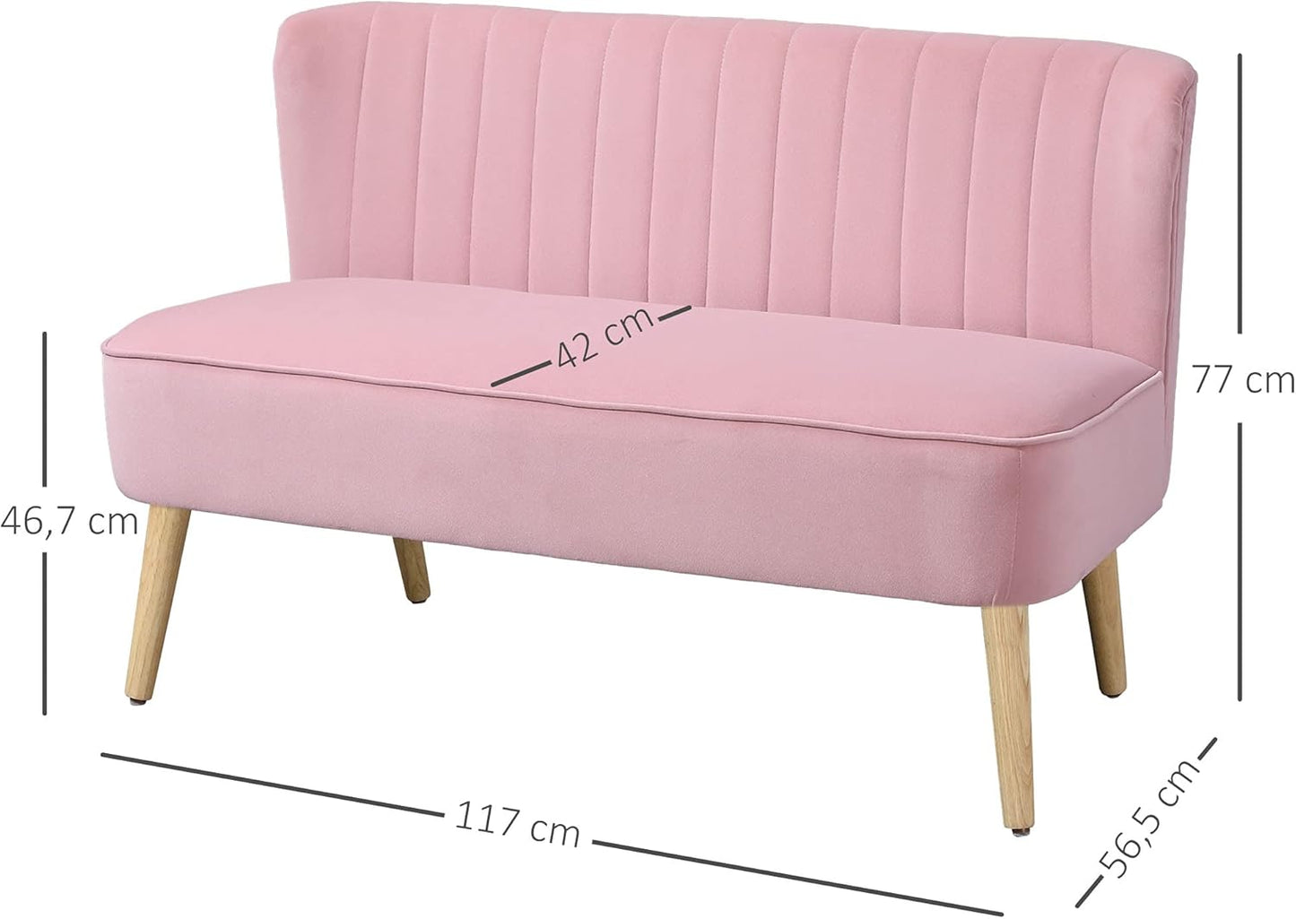 2-Seater Fabric Sofa Upholstered Sofa Double Sofa Seating Furniture Lounge Sofa Wood Velvety Polyester Foam Pink 117 x 56.5 x 77 cm