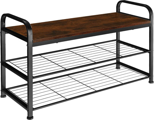 Shoe Rack with Seat, Shoe Bench Made of Wood and Metal, Industrial Design, 3 Tiers with 2 Grid Shelves, 91 x 36 x 55 cm, Black Metal Frame (Industrial Dark Brown)