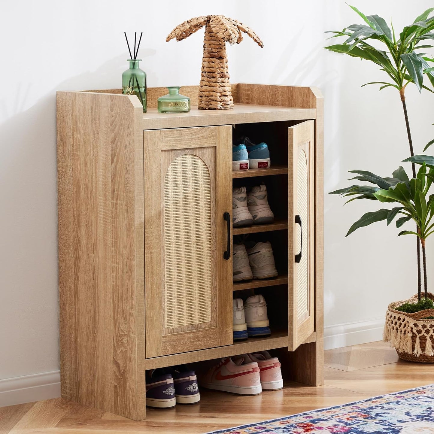 Shoe Cabinet Storage for Entryway, Natural Rattan Shoe Storage Cabinet, Wooden Shoe Rack Cabinet, Farmhouse Boho Wood Shoe Organizer Cabinet for Hallway