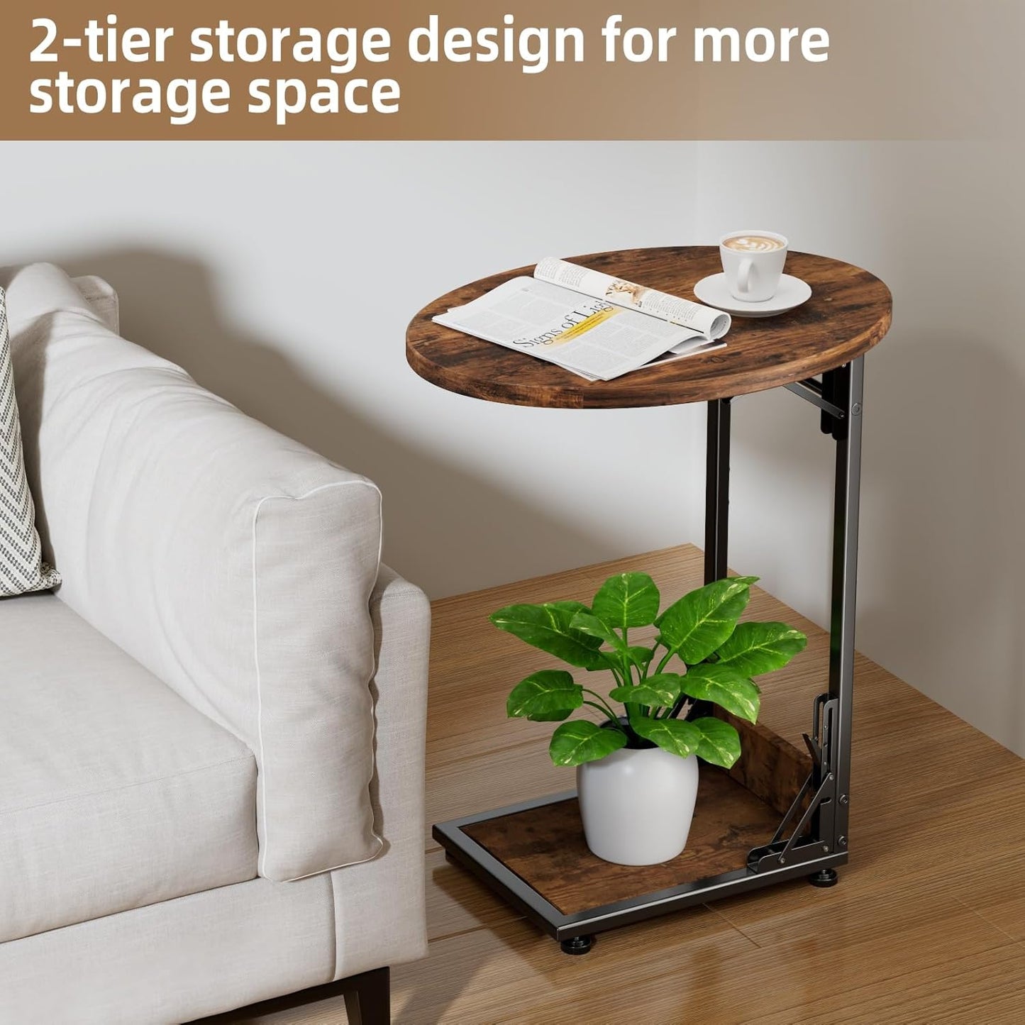 Coffee Table, Folding Sofa Table C Shape, Small Side Table with Storage Bag, Coffee Table with Metal Frame for Living Room, Bedroom, Office, 40 x 33 x 64.5 cm