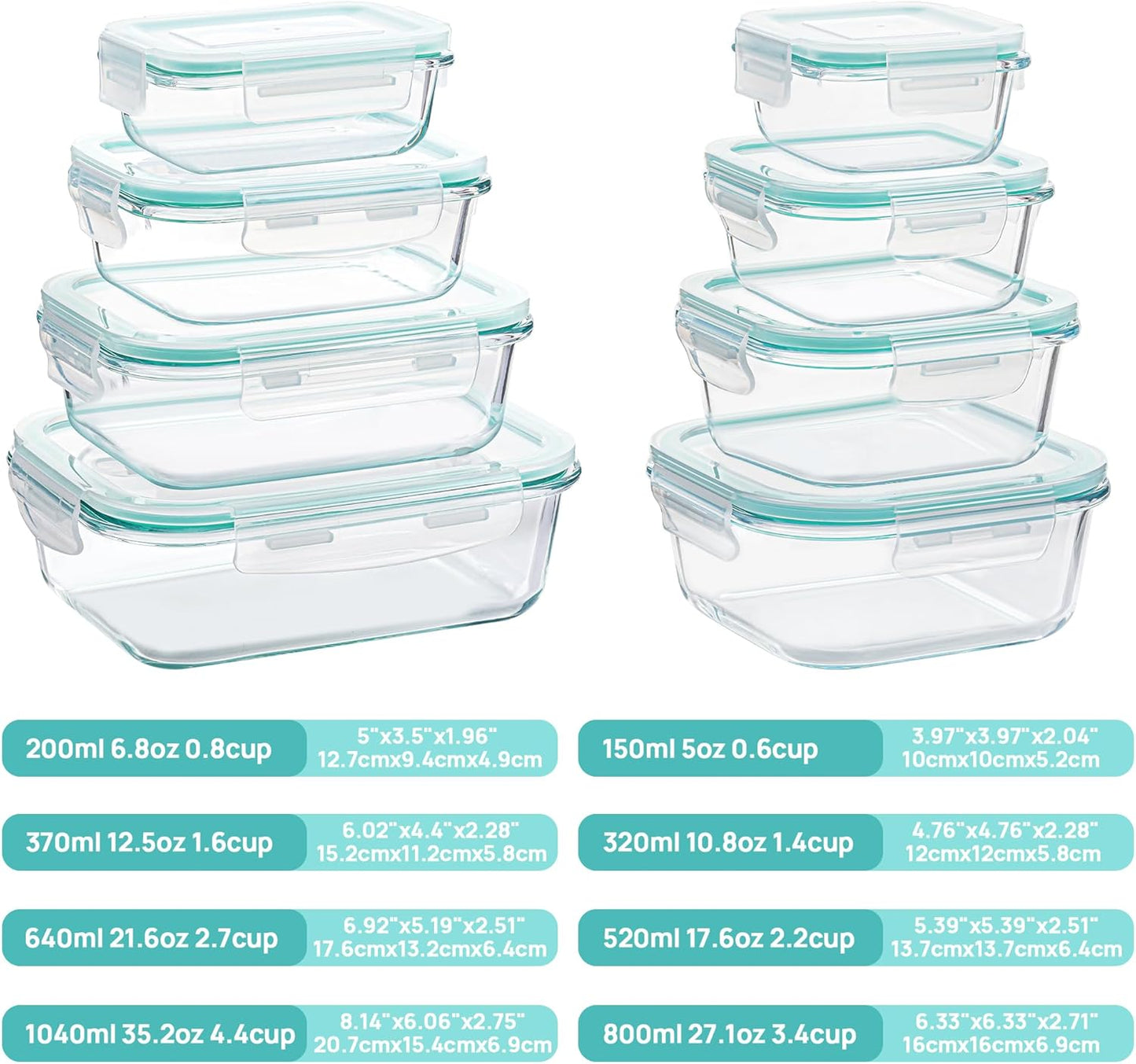 Vtopmart 8 Pack Glass Food Storage Containers with Airtight Lids, Glass Meal Prep Containers, Bento Boxes for Lunch, for Microwave, Oven, Freezer and Dishwasher, BPA Free