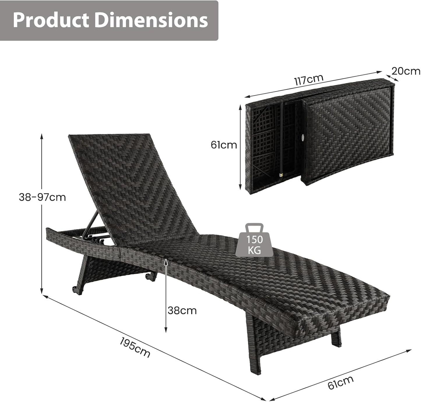 Folding Garden Lounger Polyrattan Recliner Sun Lounger with 2 Wheels, Deck Chair with 5-Way Adjustable Backrest, Weatherproof Rattan Lounger for Garden, Balcony and Patio, up to 150 kg