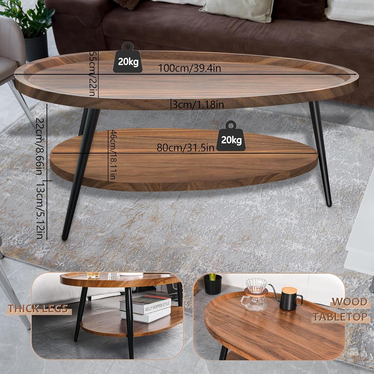 Oval Wood Coffee Table, Living Room Table for Couch, Living Room Table with Storage Space, Easy Assembly, Industrial Design, 100 x 55 x 38 cm, Small Modern Coffee Tables for Home and Office