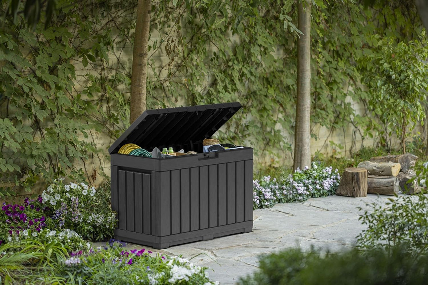 Keter Kentwood 50 Gallon Resin Deck Box-Organization and Storage for Patio Cushions, Throw Pillows and Garden Tools, Dark Grey