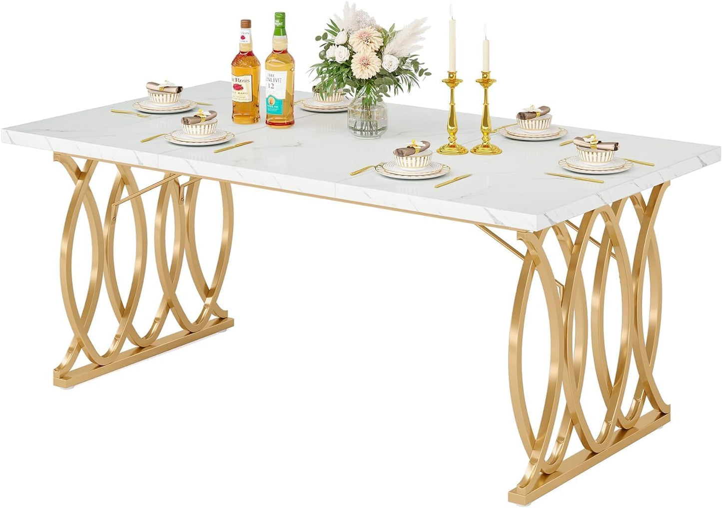 Moderner Esstisch für 6 Personen, Tisch Wohnzimmer, 160 x 80 x 75 cm, Rechteckig, Küchentisch, Esstisch für Esszimmer und Küche, Wohnzimmer, Moderner-Design, Weiß und Gold