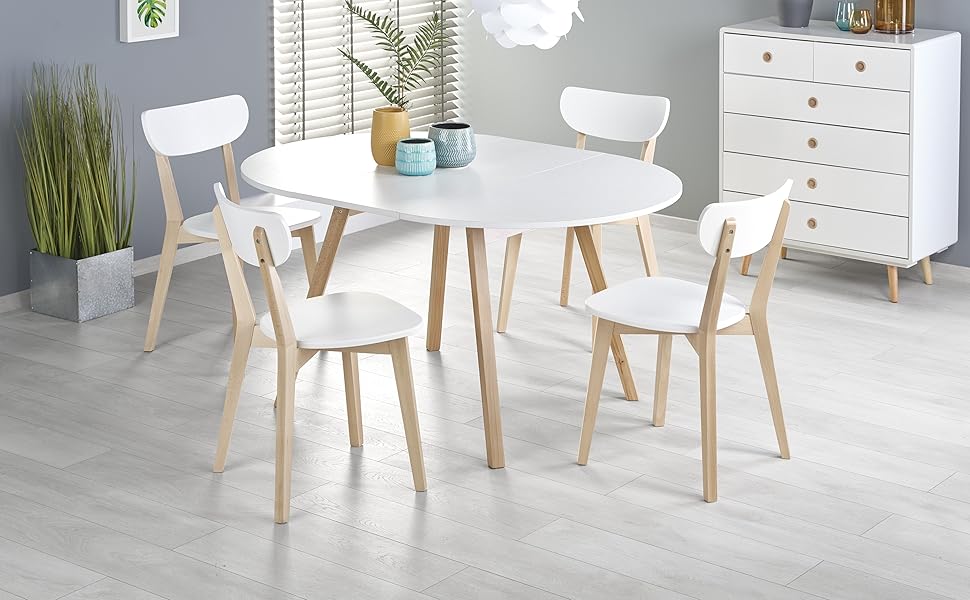 Dining Table Matte White Honey Oak Honey Round Extendible 102 to 142 cm