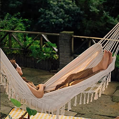 Outdoor Hammock Garden Hammock Cotton Hammock Bed Macrame Fringe Hammocks Boho Balcony Hammock Handmade Tassels 2 Person Double Hammock 250 kg for Home Beach Patio