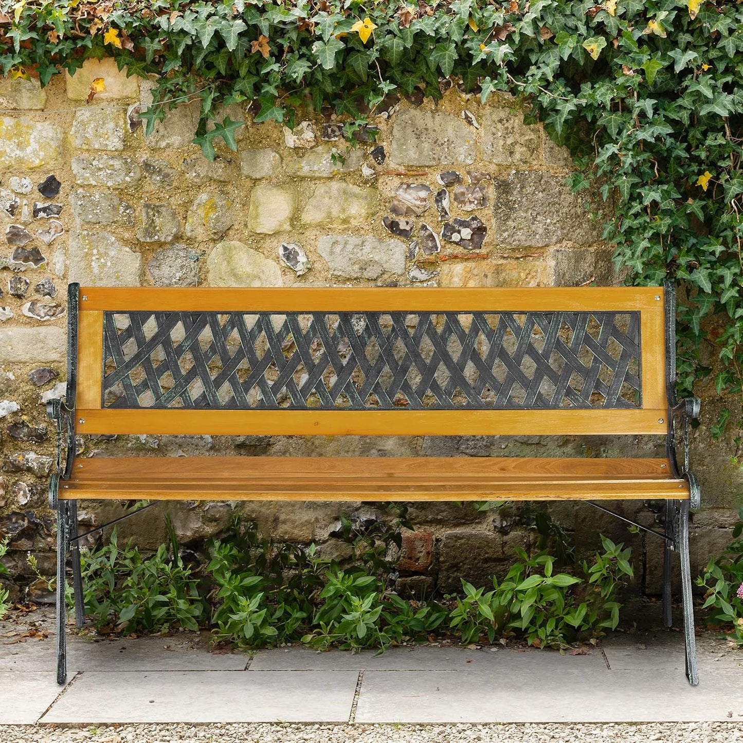 Garden Bench, 2 Seater, Wood & Cast Iron, Balcony & Patio, Rustic Bench, H x W x D: 73 x 125 x 52 cm, Natural/Green