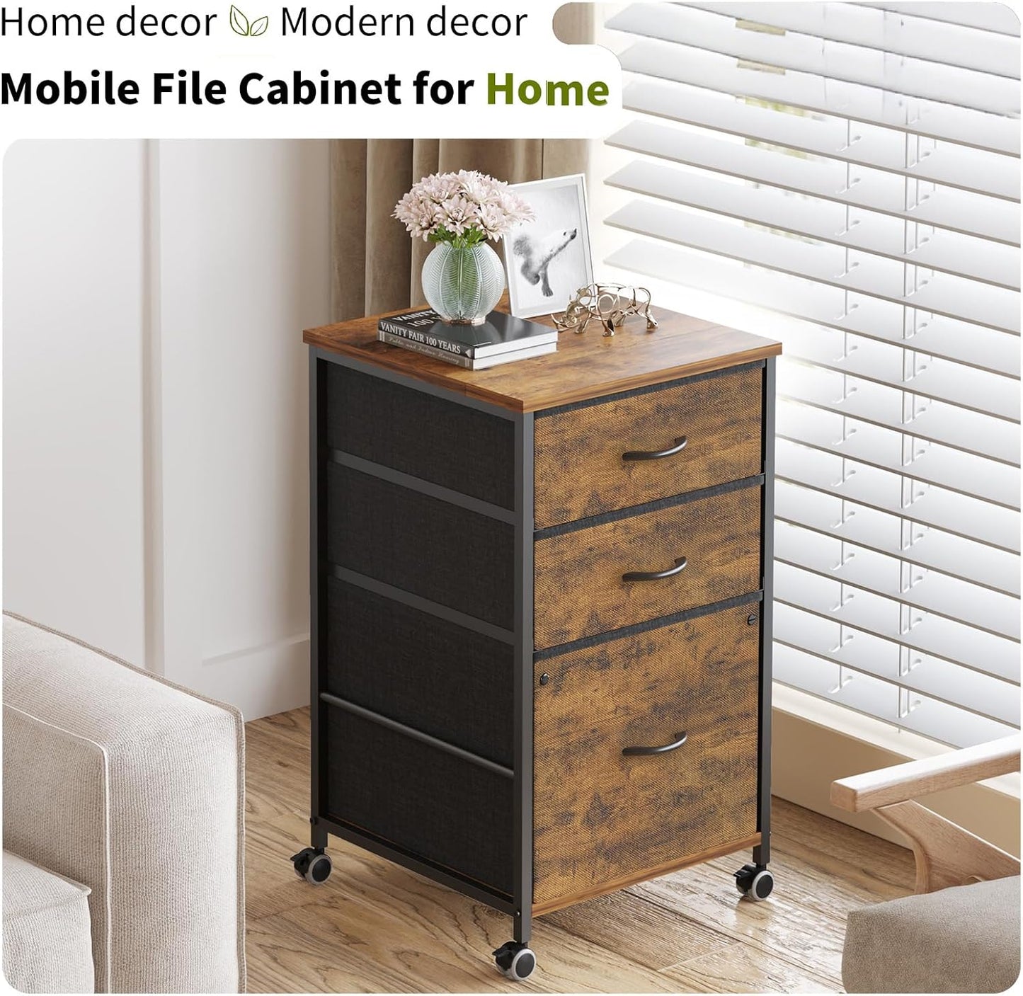 3 Drawer Mobile File Cabinet,Rustic Brown File Cabinets for Home Office, Rolling Printer Stand with Storage, Filing Cabinet 2 Drawer fits A4 or Letter Size for Home Office