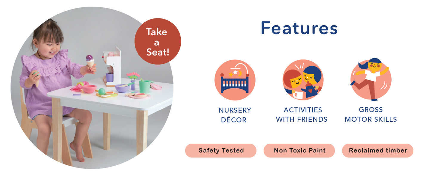 Mentari Toys - Kid’s Table and Chair Set - Wooden Easy Clean Table and 2 Animal Themed Chairs - Children’s Playroom, Classroom Furniture - Sturdy Set for Play and Learning - Age 3+