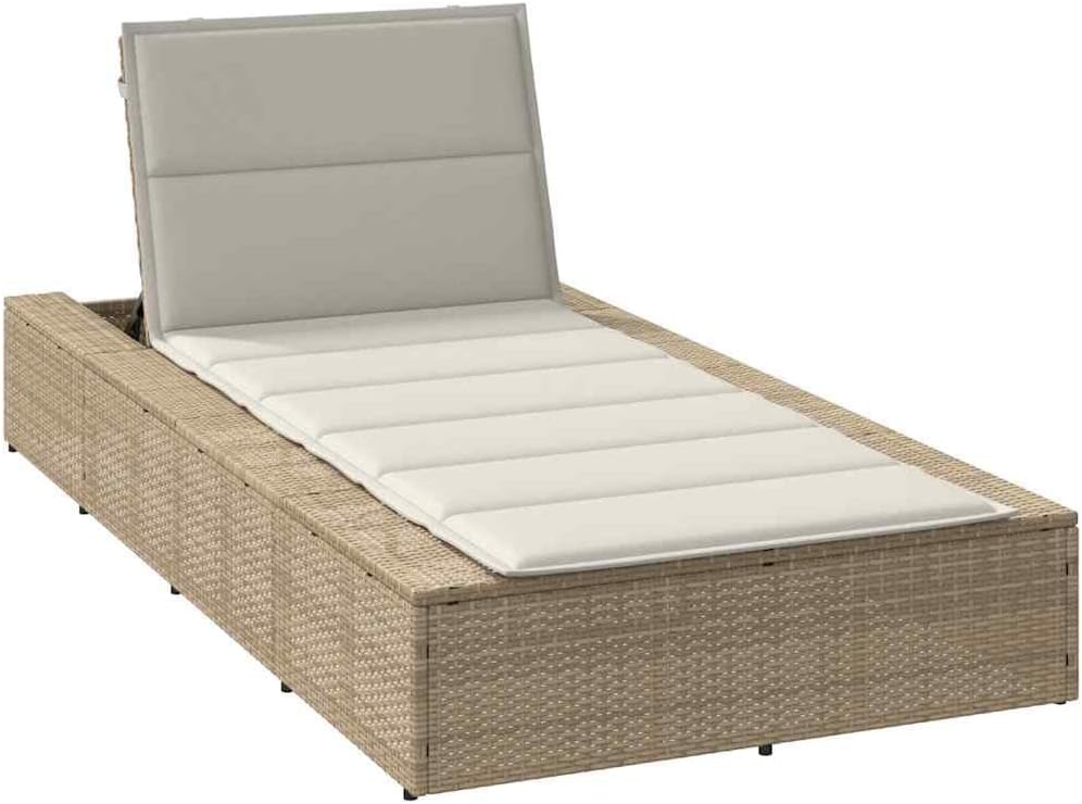 Sun Lounger with Floating Cushion, Beige Poly Rattan, Sun Bed, Garden Lounger, Lounge Bed, Day Bed, Chaise Lounger, Poly Rattan Sun Lounger