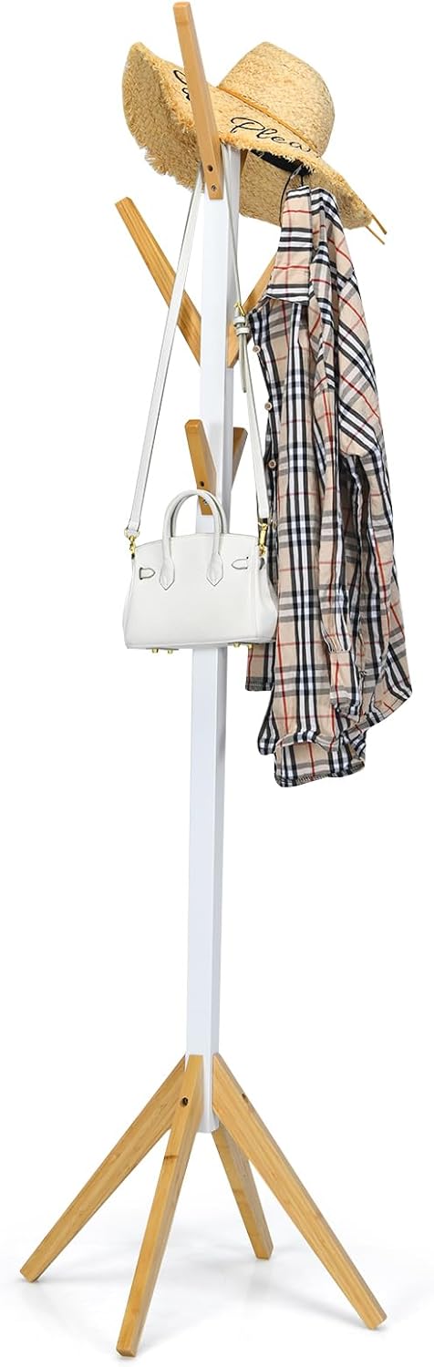 Bamboo Coat Rack with 6 Hooks Tree Each Hanger Can Hold 5kg Clothes Rack for Clothes, Jackets, Hats, Bags, 55 x 55 x 179 cm, White