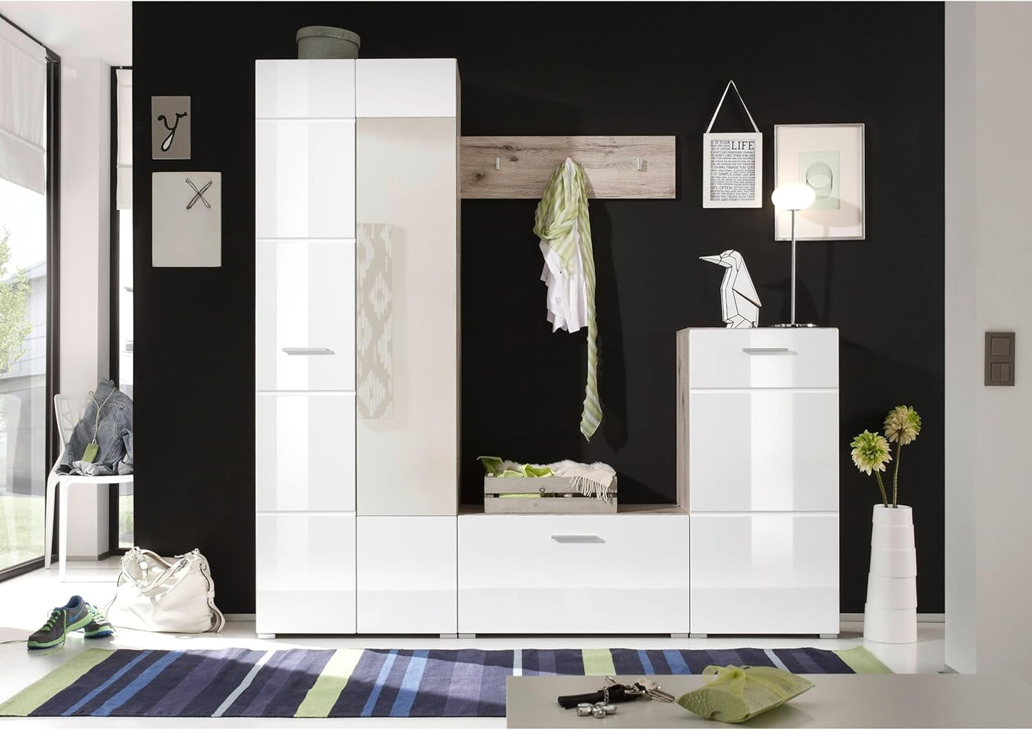 Stella Trading Sixx Hallway Wardrobe Set in White High Gloss / Sand Oak Look - Modern Compact Coat Rack 4-Piece for Your Entrance Area - 195 x 195 x 36 cm (W x H x D)