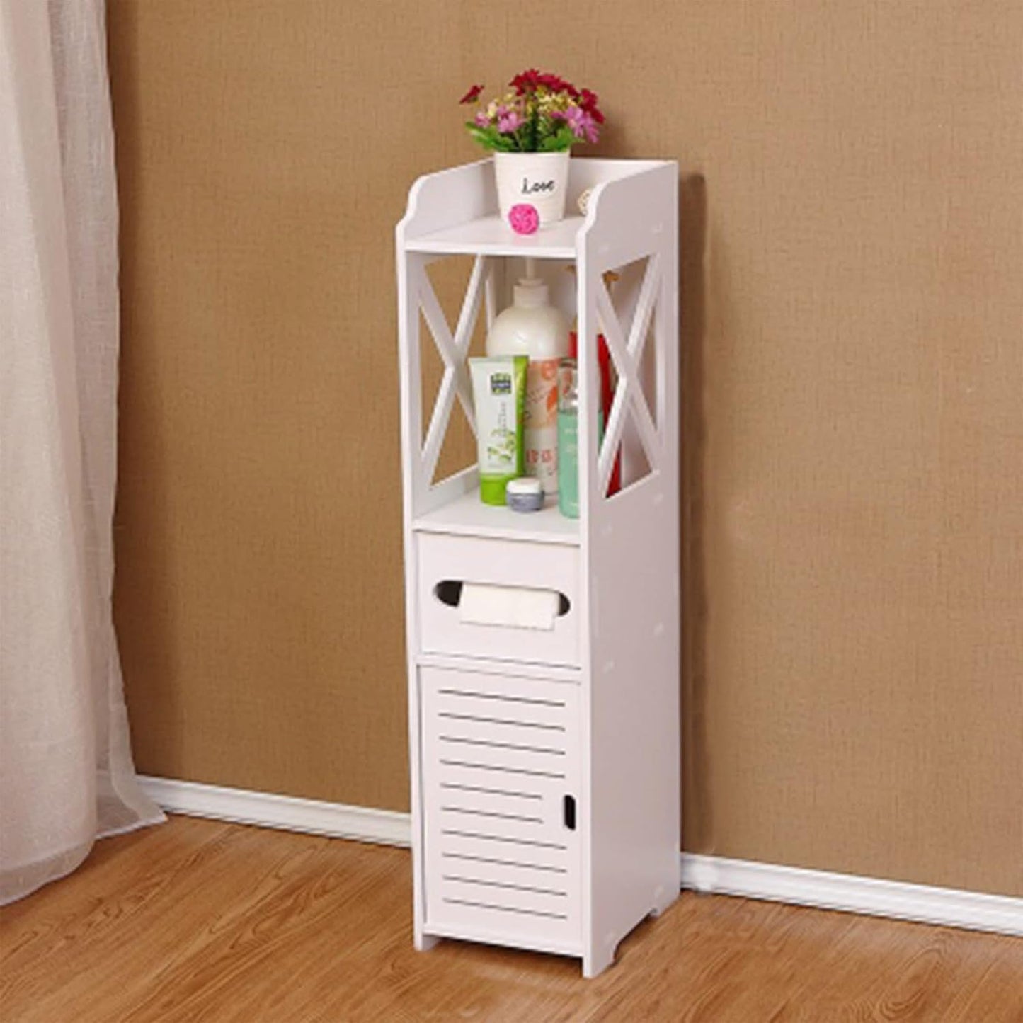 Bathroom Cabinet Narrow Tall Standing Bathroom Cabinet Bathroom Furniture Cabinet Toilet Cabinet with Toilet Paper Stand 80 x 15.5 x 15 cm White