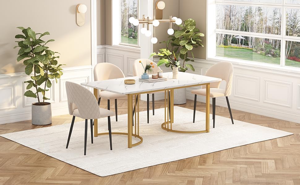 Dining Table 140 x 80 cm, Modern Kitchen Table with Metal Frame, Rectangular Marble Pattern Kitchen Table with Adjustable Feet for Dining Room and Living Room, White/Gold