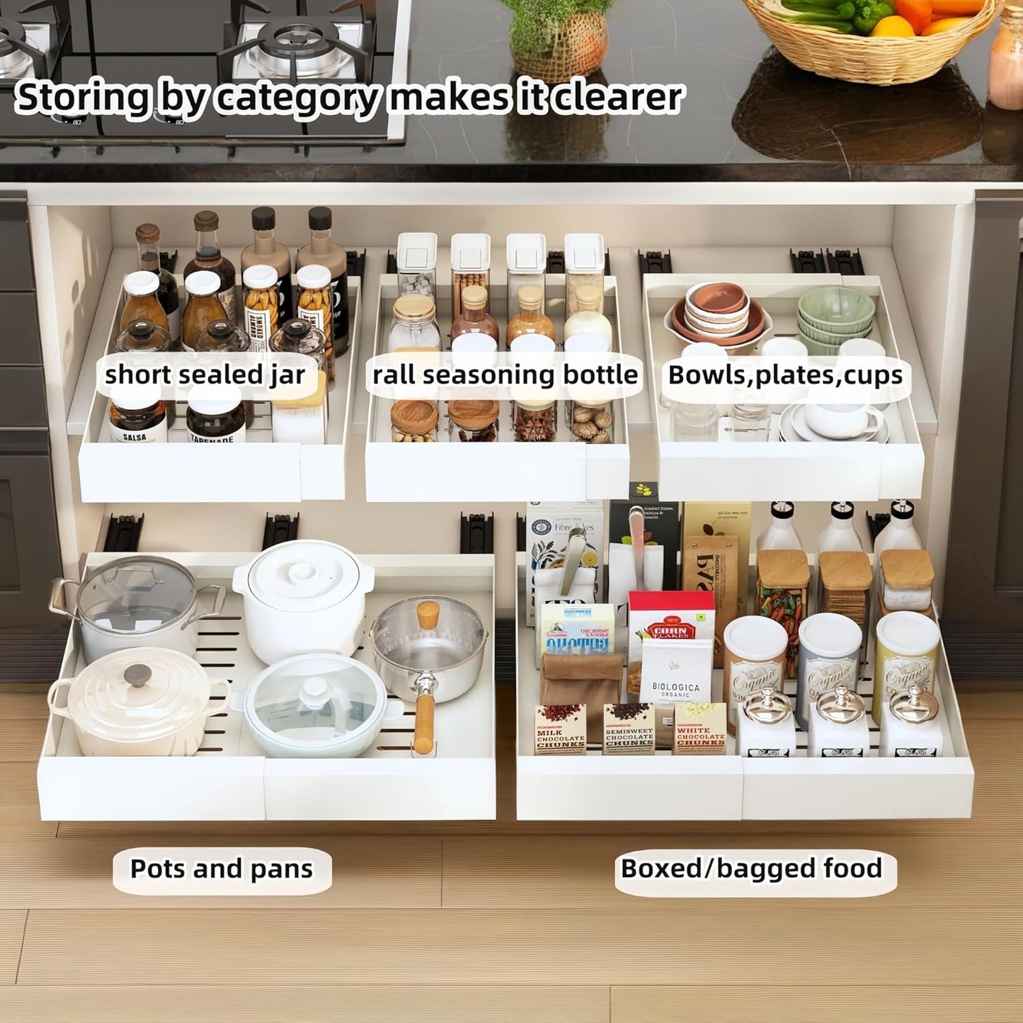 Pull out Cabinet Organizer, Expandable(12.6"-20.5"), 20.5" Deepy Slide out Drawers Fixed with Adhesive Nano Film for Pots, Roll out Shelf Storage for Kitchen (White_20.5''Deep)