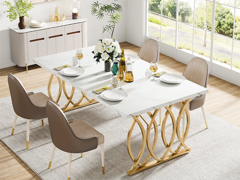 Moderner Esstisch für 6 Personen, Tisch Wohnzimmer, 160 x 80 x 75 cm, Rechteckig, Küchentisch, Esstisch für Esszimmer und Küche, Wohnzimmer, Moderner-Design, Weiß und Gold